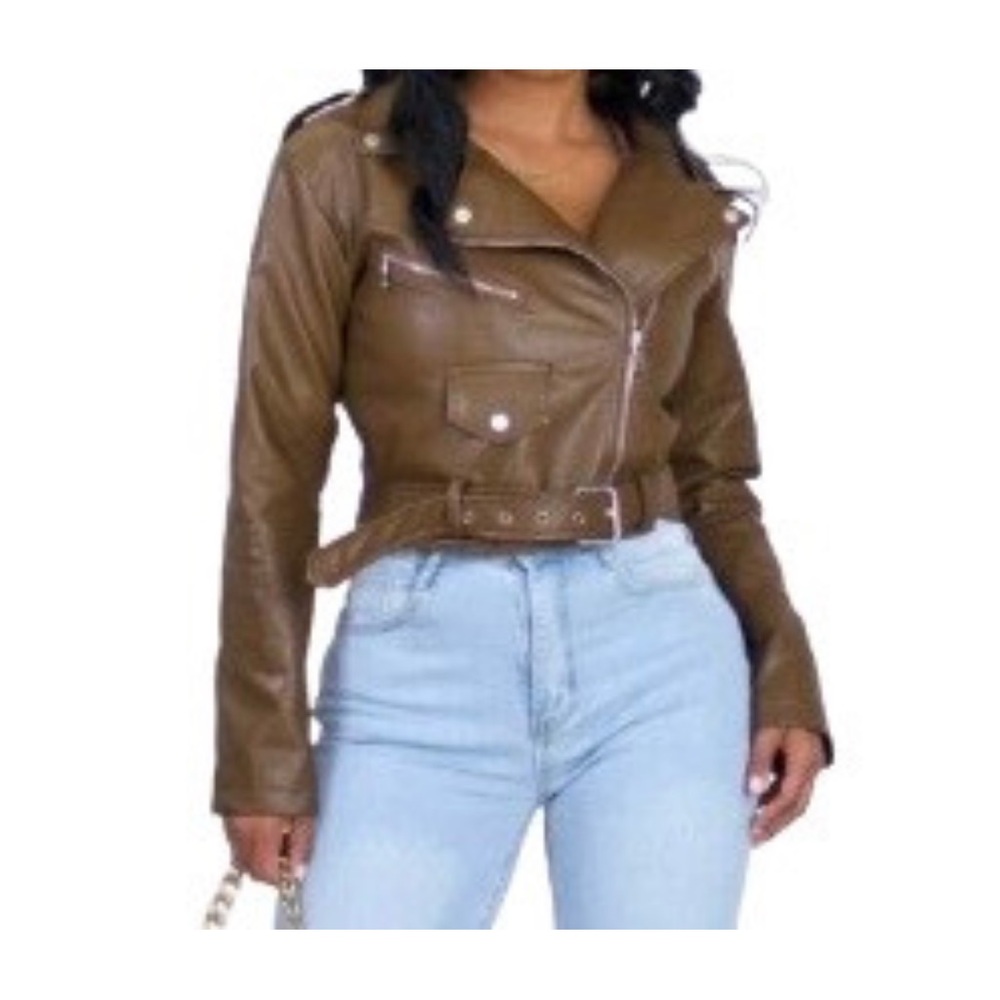 RIVIR Brown Faux Leather Jacket w/ Asymmetrical Zipper